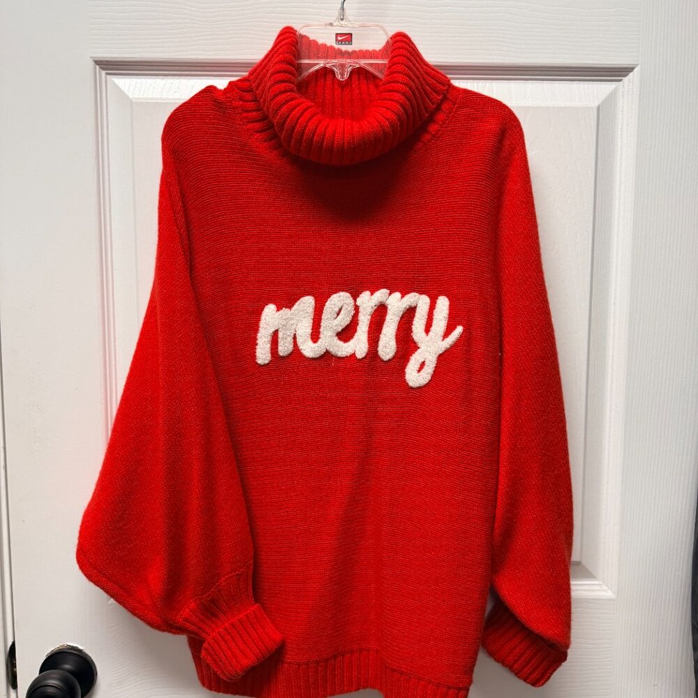 Red Holiday Sweater – “Merry” in White | Women’s Cowl Neck Christmas Sweater